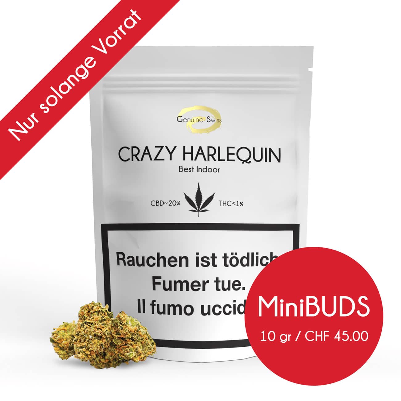 Genuine Swiss Crazy Harlequin Minibuds, Small Buds CBD