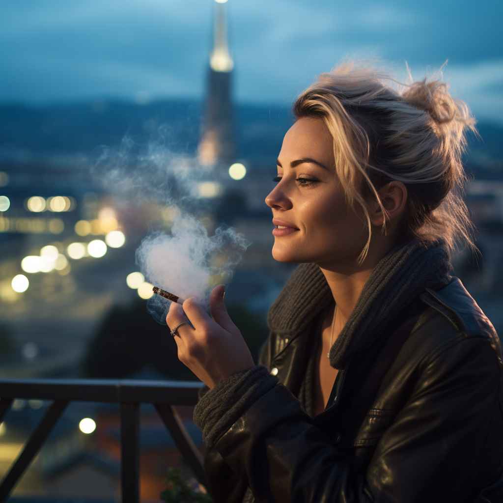 Junge Frau raucht CBD Joint in der Schweiz weil es legal ist