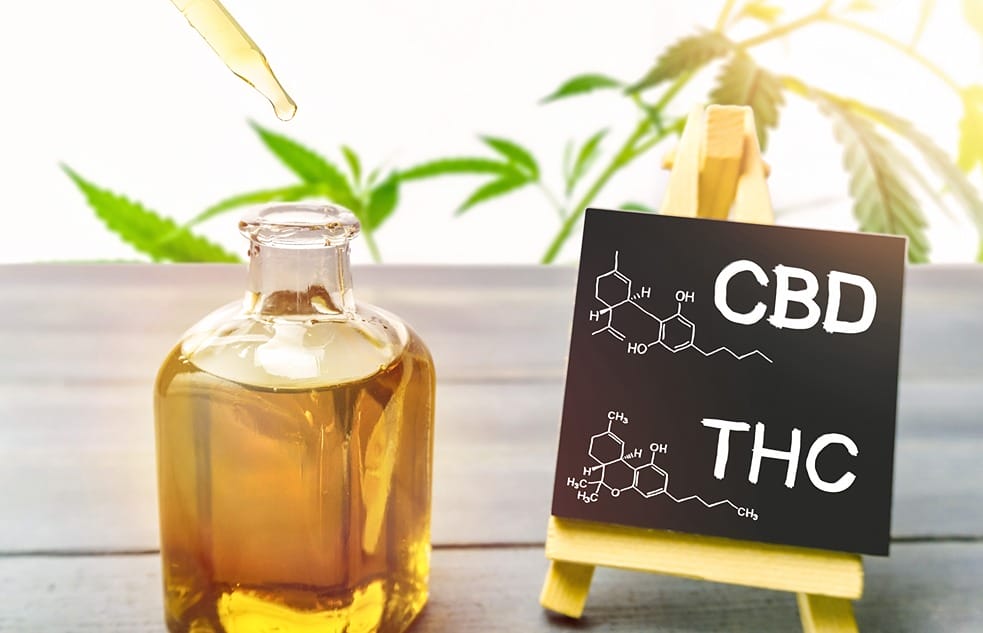 Ein Schild mit den beiden chemischen Zusammensetzungen von CBD und THC neben einer Flasche CBD-Öl.
