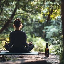 Person meditating outdoors with CBD nearby, in a zen and soothing atmosphere