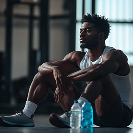 Athlete recovering after a workout, sitting and relaxed in a sports environment