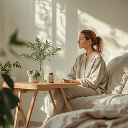 A relaxed person in a quiet room, sitting at a table with CBD products, representing reflection on possible side effects of cannabidiol