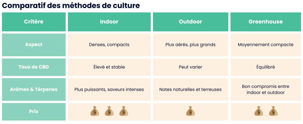 Tableau comparant les méthodes de culture des fleurs de CBD
