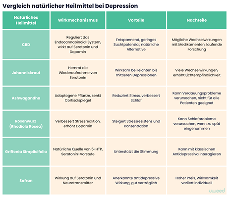 Tabelle, die CBD, Johanniskraut, Ashwagandha und andere natürliche Heilmittel nach Wirkungsweise, Vorteilen und Nachteilen vergleicht